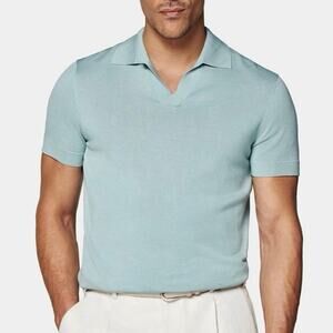 Suitsupply Mint Blue Buttonless Polo Californian Cotton & Mulberry Silk